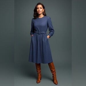 Braun Style Vintage A Line Dark Blue Long Sleeve Belt Dress Conservative M